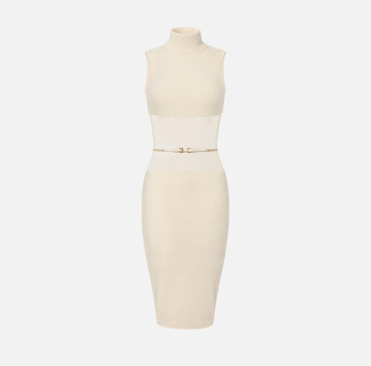 Knit fabric dress with belt