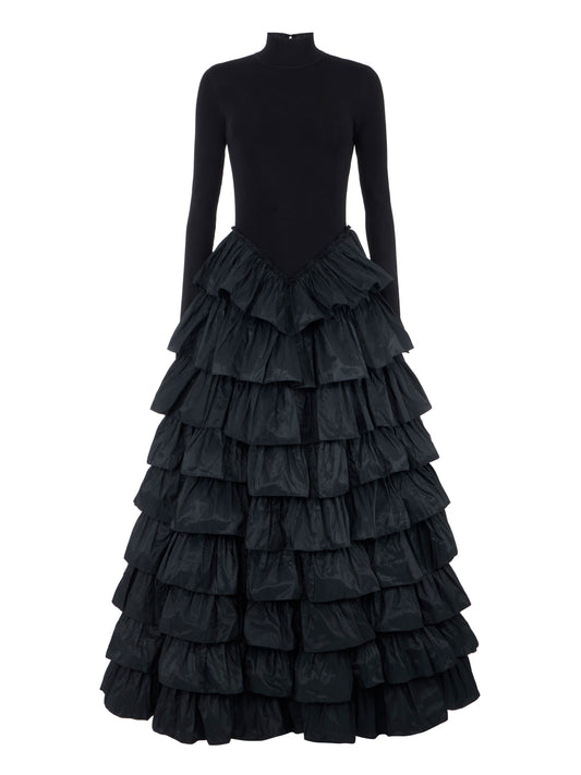 Red Carpet knit dress with flounces in Nero – luxury fashion at Meranesy