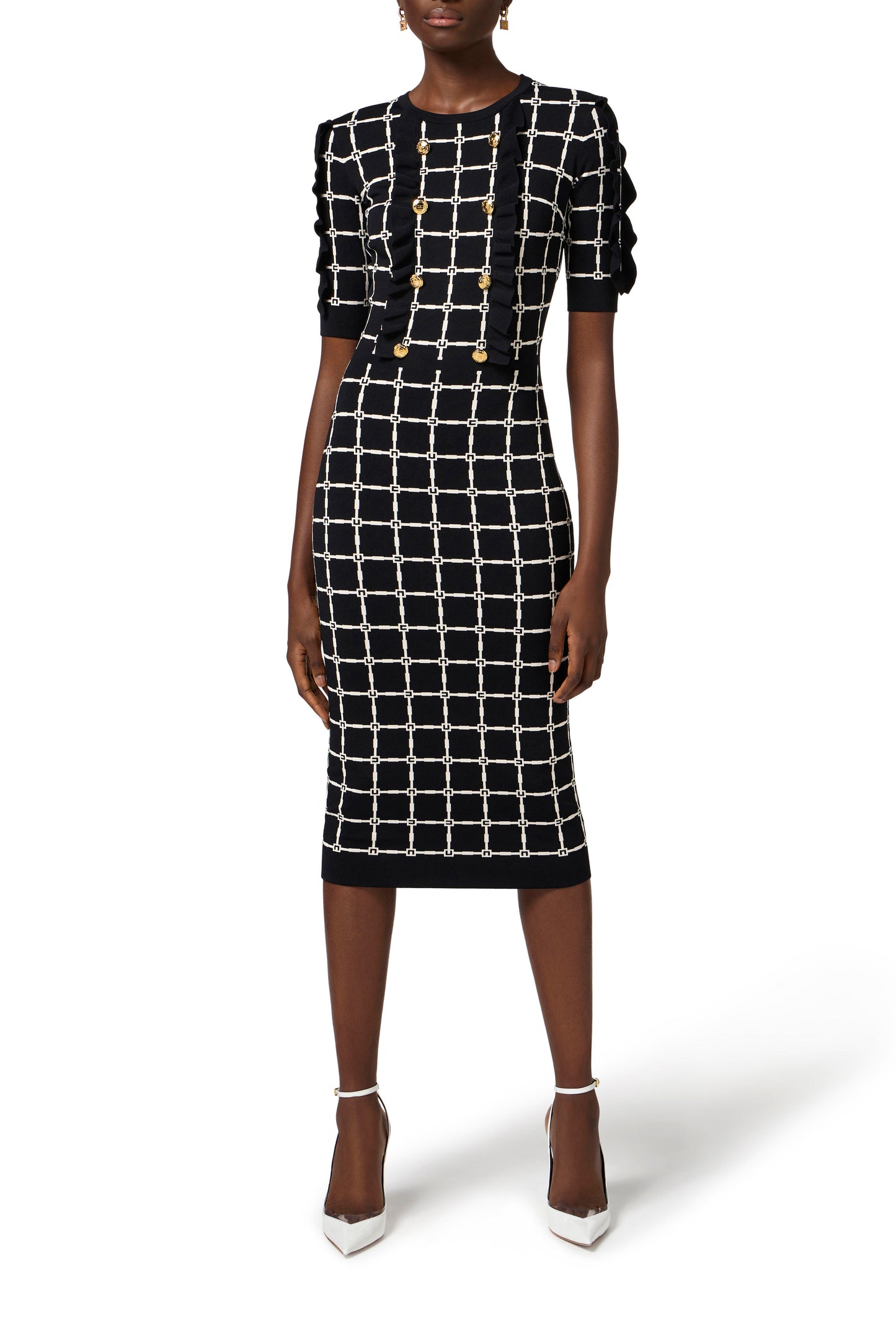 Logo jacquard dress with ruffles