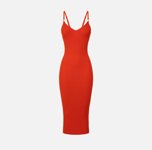 Midi dress in ribbed viscose fabric with shoulder straps