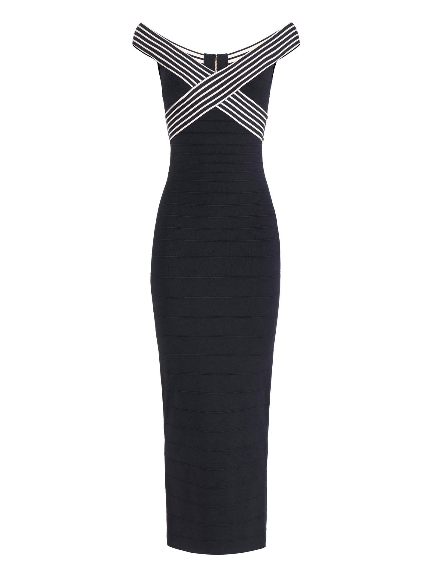 Knit fabric long dress with striped bands