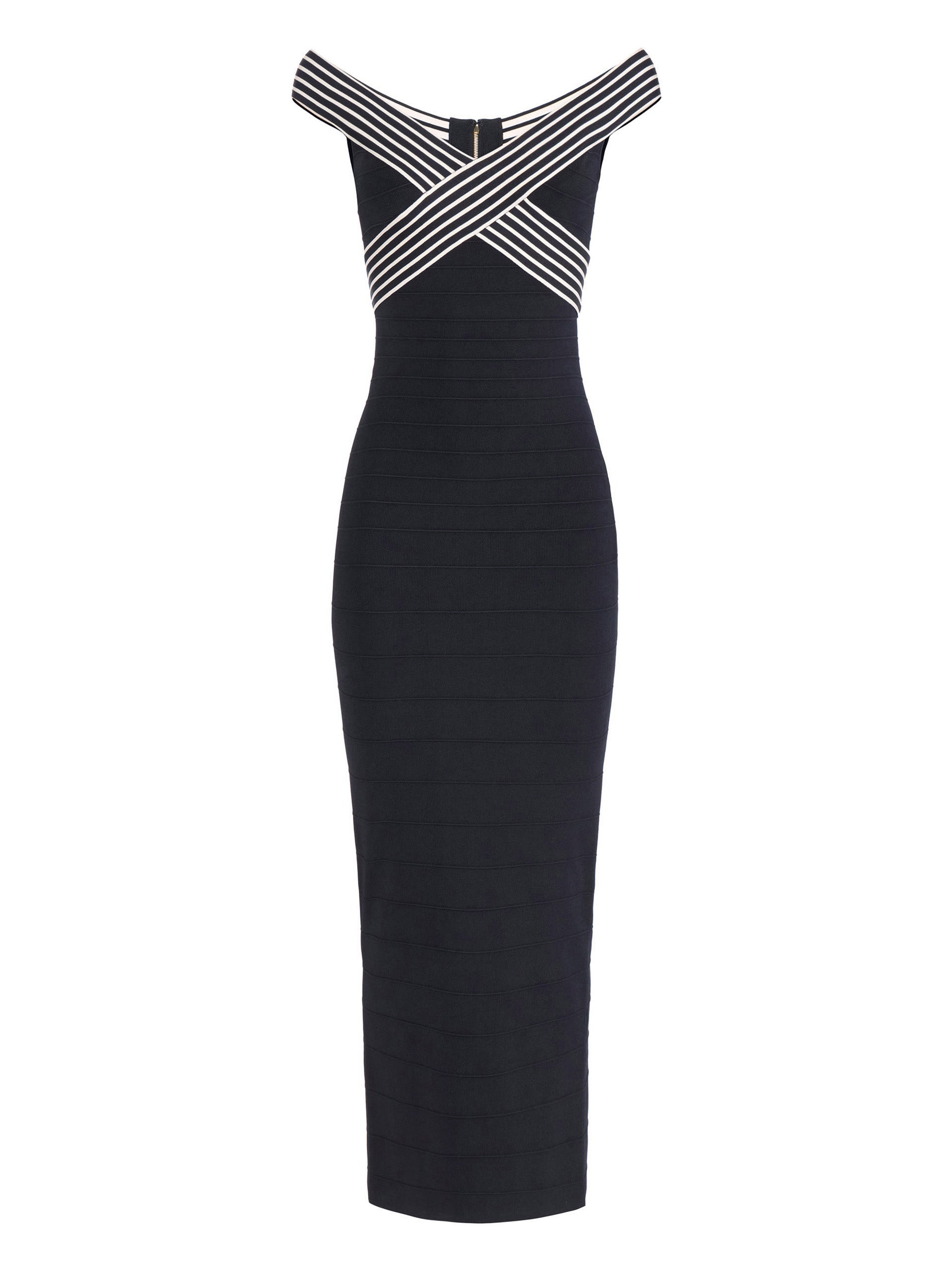 Knit fabric long dress with striped bands