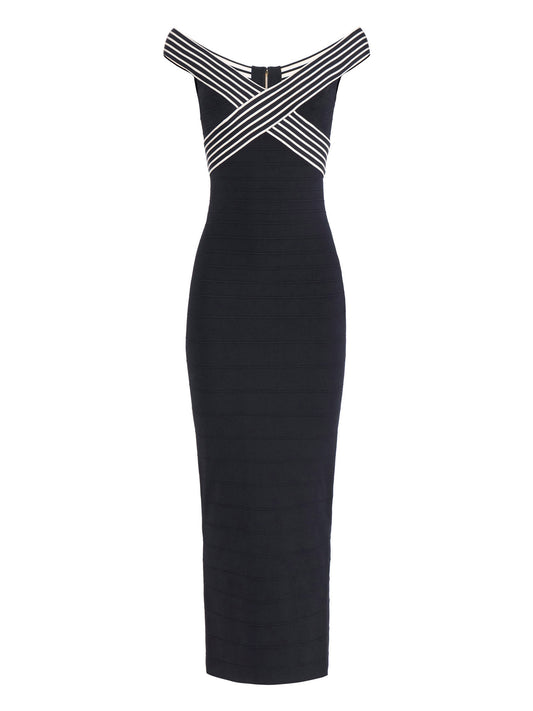 Knit fabric long dress with striped bands