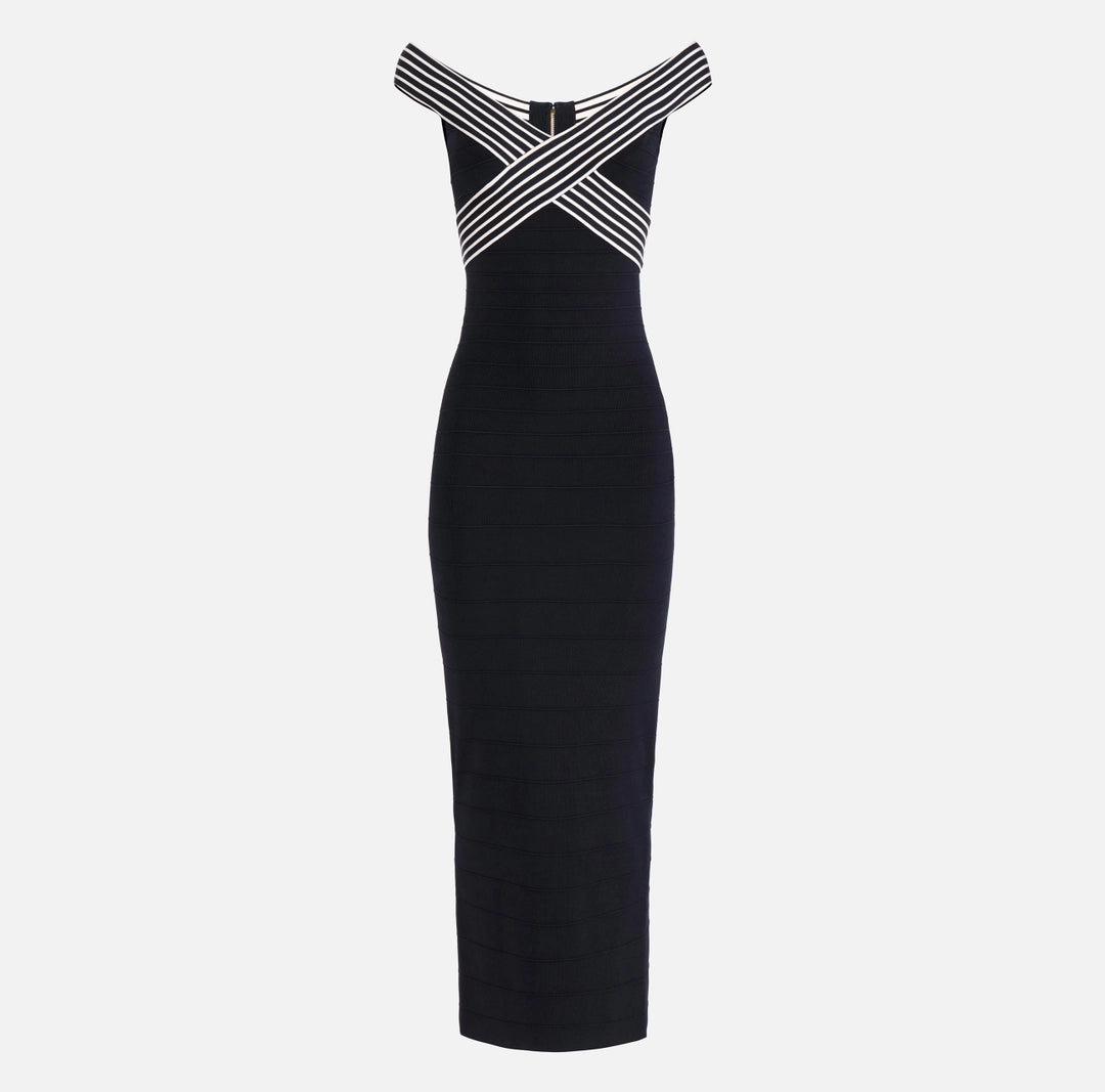 Knit fabric long dress with striped bands