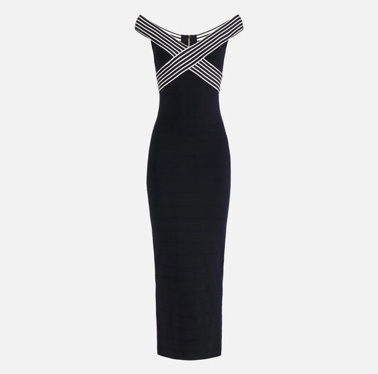 Knit fabric long dress with striped bands