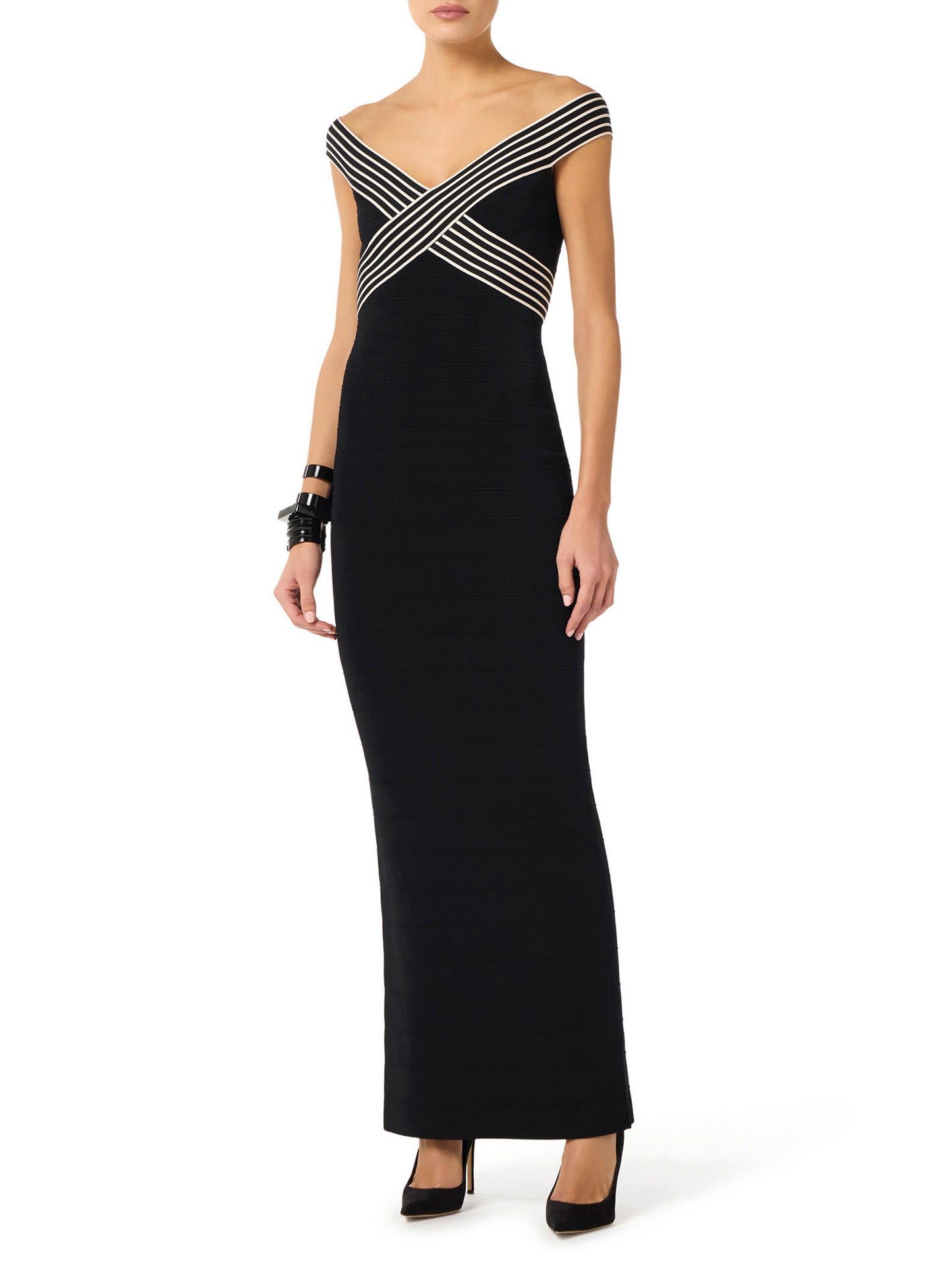 Knit fabric long dress with striped bands