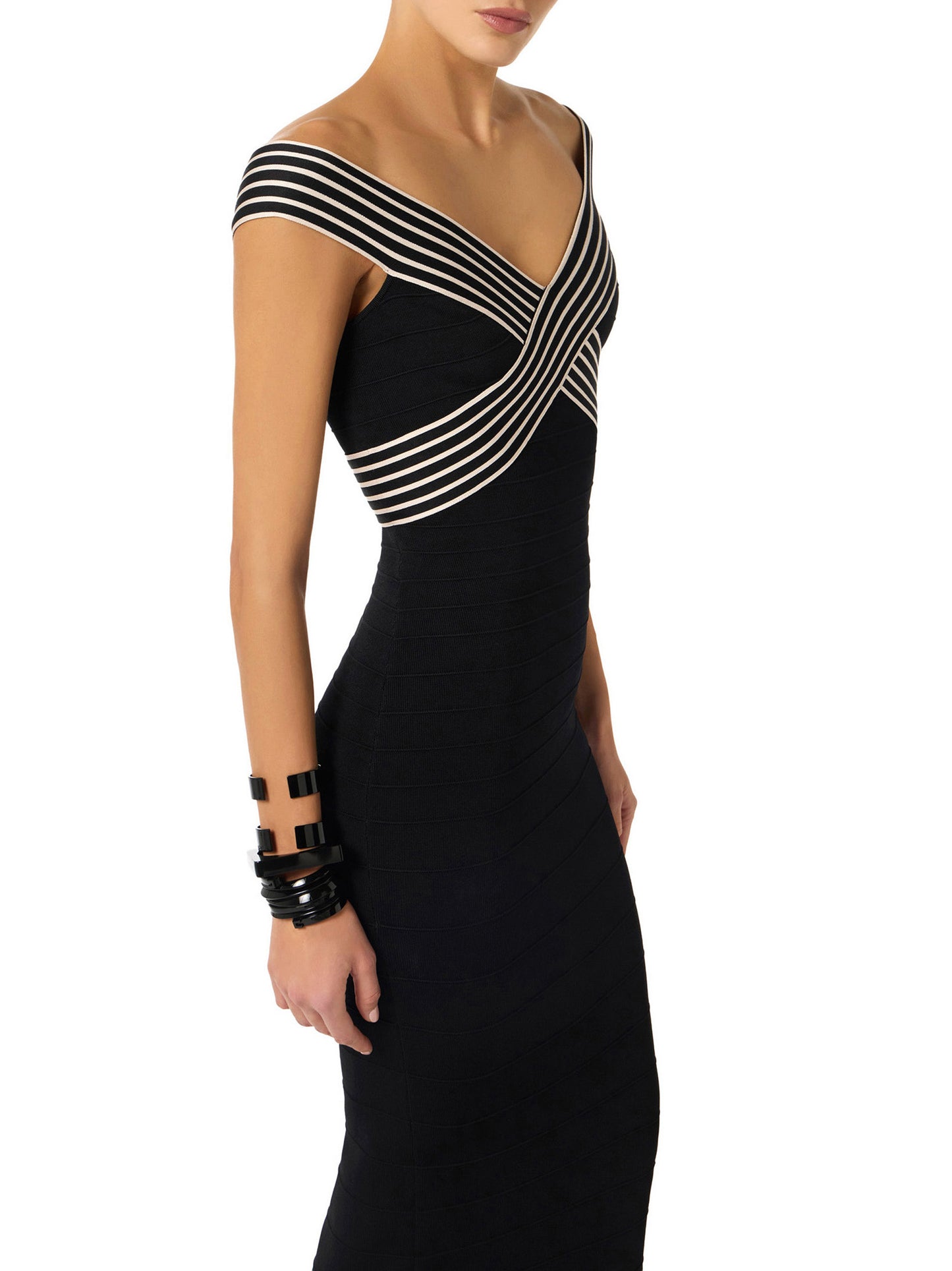 Knit fabric long dress with striped bands