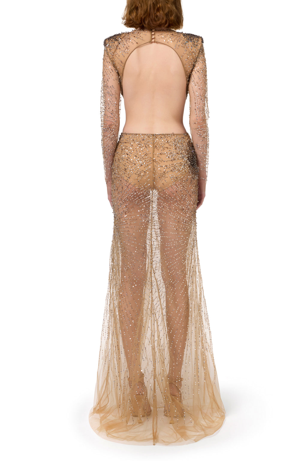 Stretch tulle red carpet dress embroidered with fireworks-effect sequins | LAST PIECE: 40