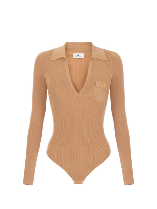 Knit bodysuit with openwork embroideries