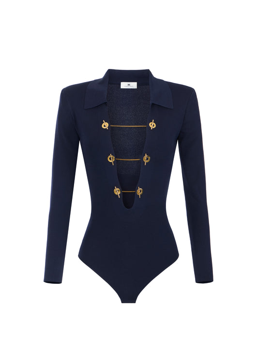 Knit bodysuit with jewel chains