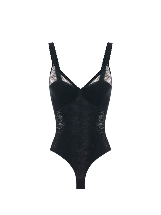 Bodysuit in knit and lace fabric in Nero – luxury fashion at Meranesy