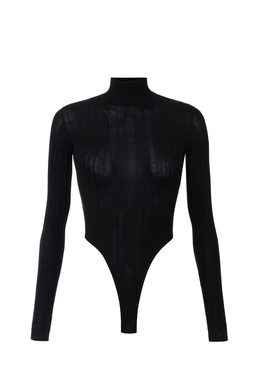 Cotton bodysuit with transparency details and high collar