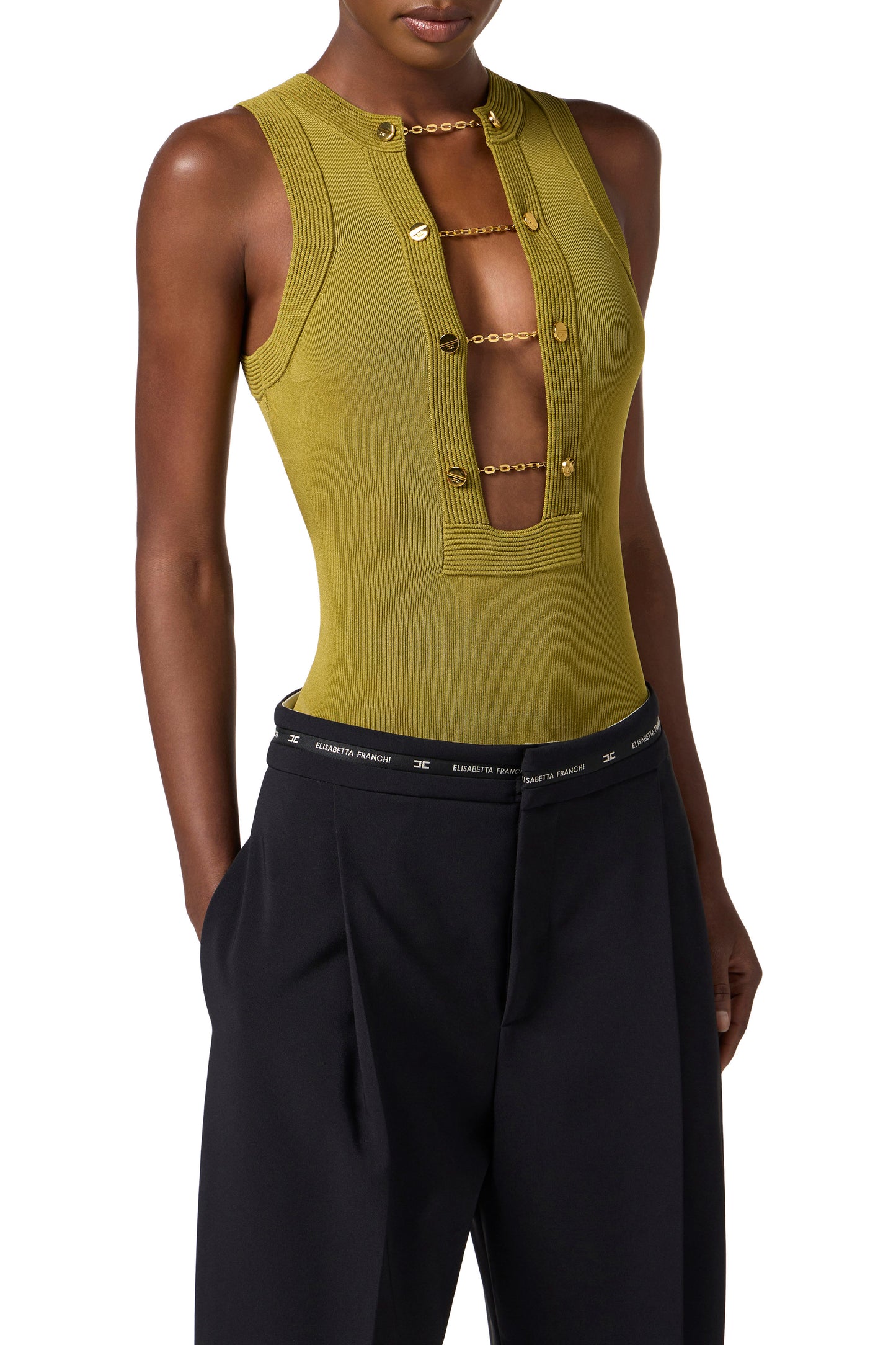 Viscose knit bodysuit with jewel cufflinks
