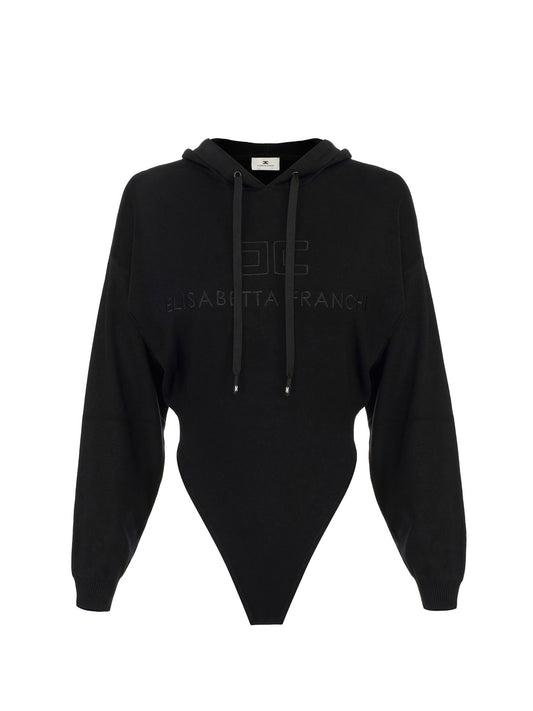 Hooded bodysuit in knit fabric in Nero – luxury fashion at Meranesy