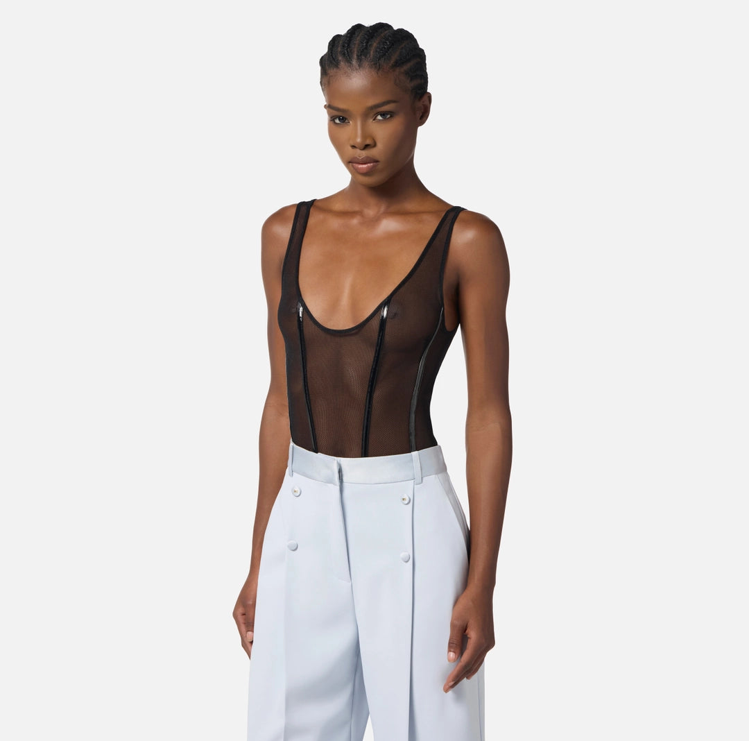 Bodysuit in stretch tulle fabric with vinyl details