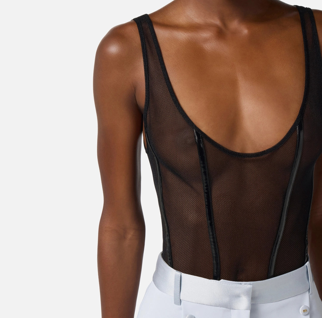 Bodysuit in stretch tulle fabric with vinyl details