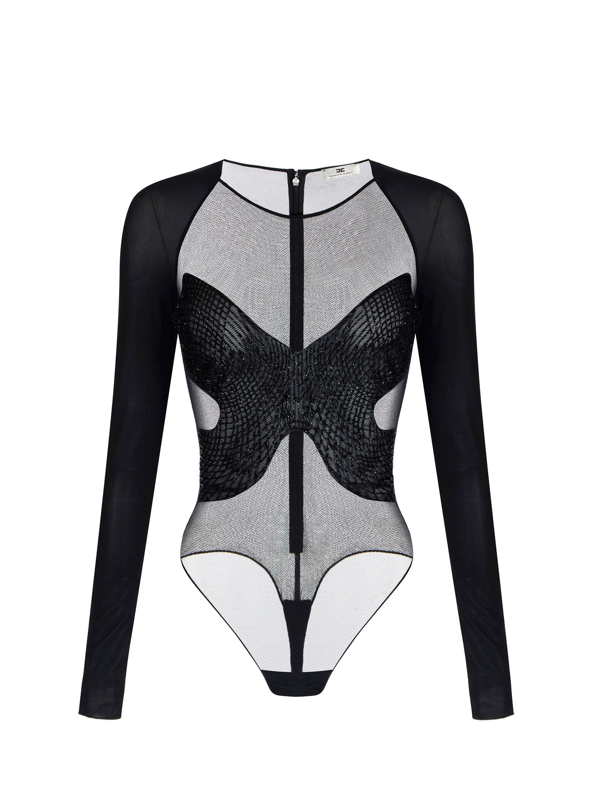 Bodysuit in jersey and tulle with crystals