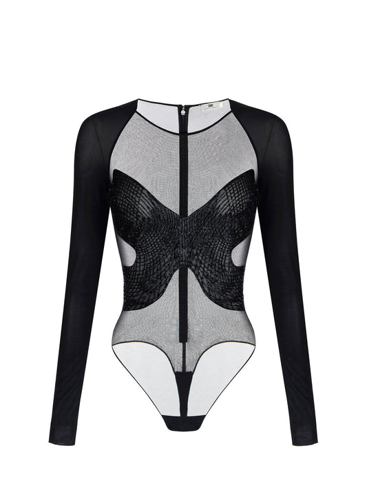Bodysuit in jersey and tulle with crystals