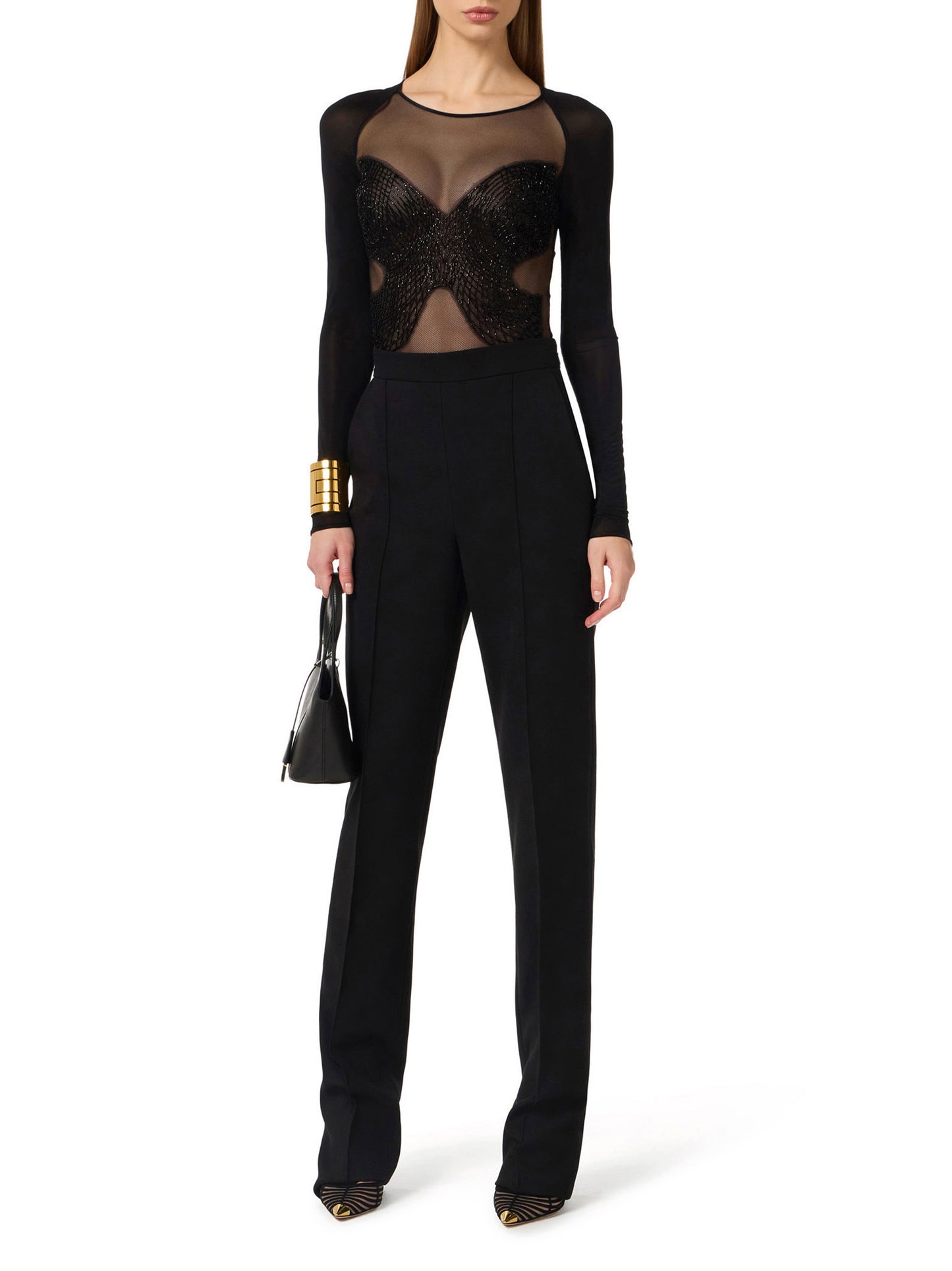 Bodysuit in jersey and tulle with crystals