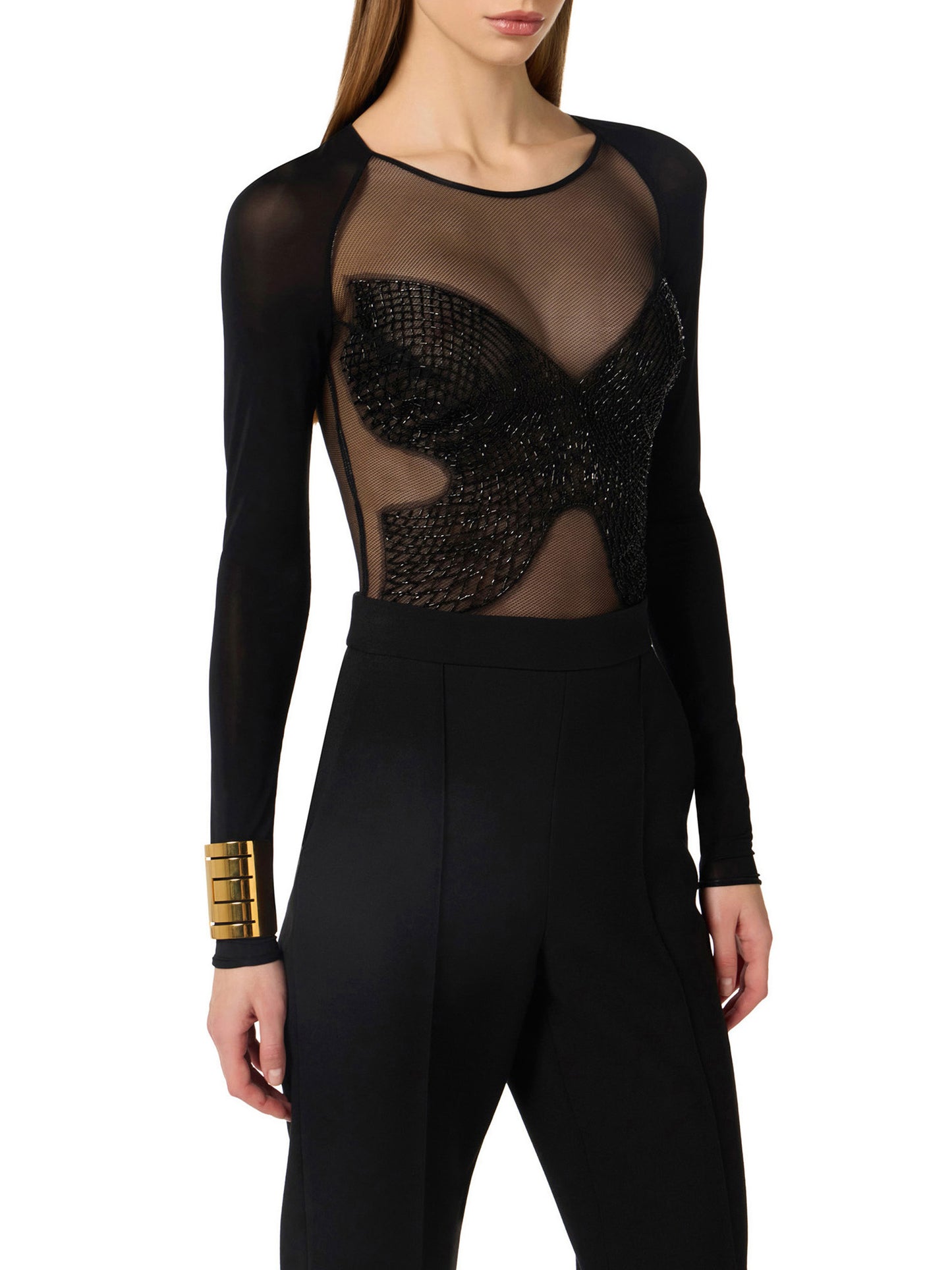 Bodysuit in jersey and tulle with crystals