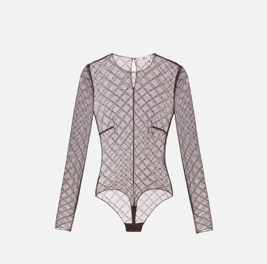 Bodysuit in jacquard tulle fabric with diamonds