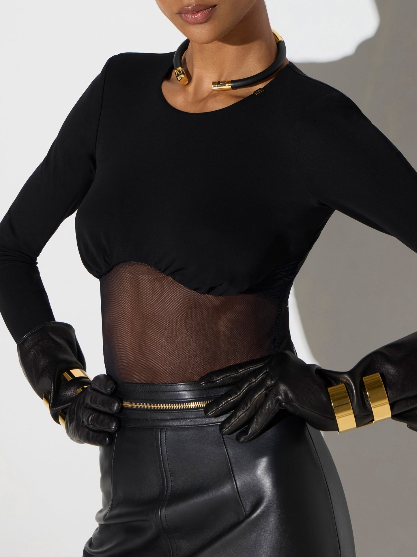 Bodysuit in crêpe jersey and mesh tulle fabric