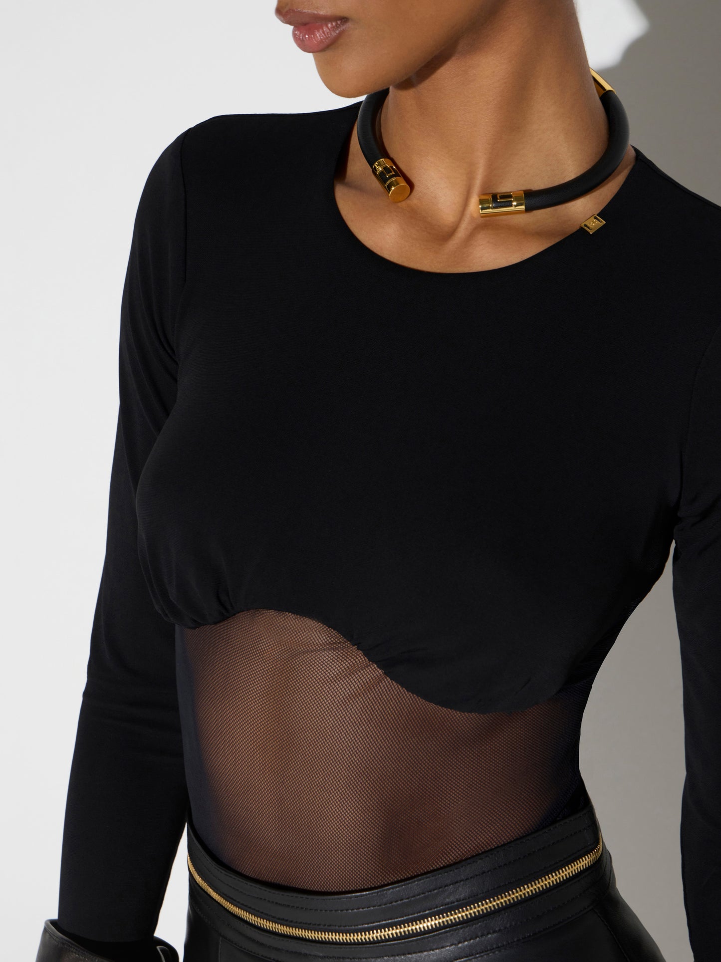 Bodysuit in crêpe jersey and mesh tulle fabric