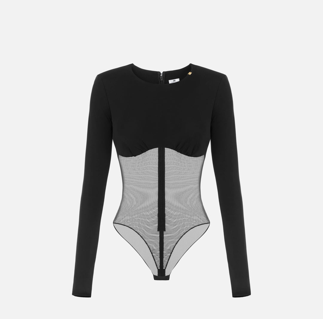 Bodysuit in crêpe jersey and mesh tulle fabric