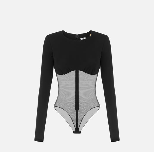 Bodysuit in crêpe jersey and mesh tulle fabric