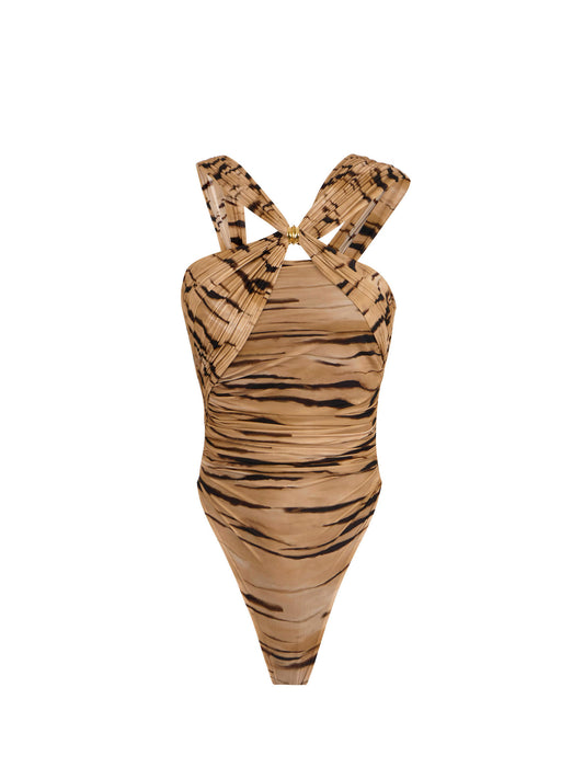 Jersey bodysuit with tiger print