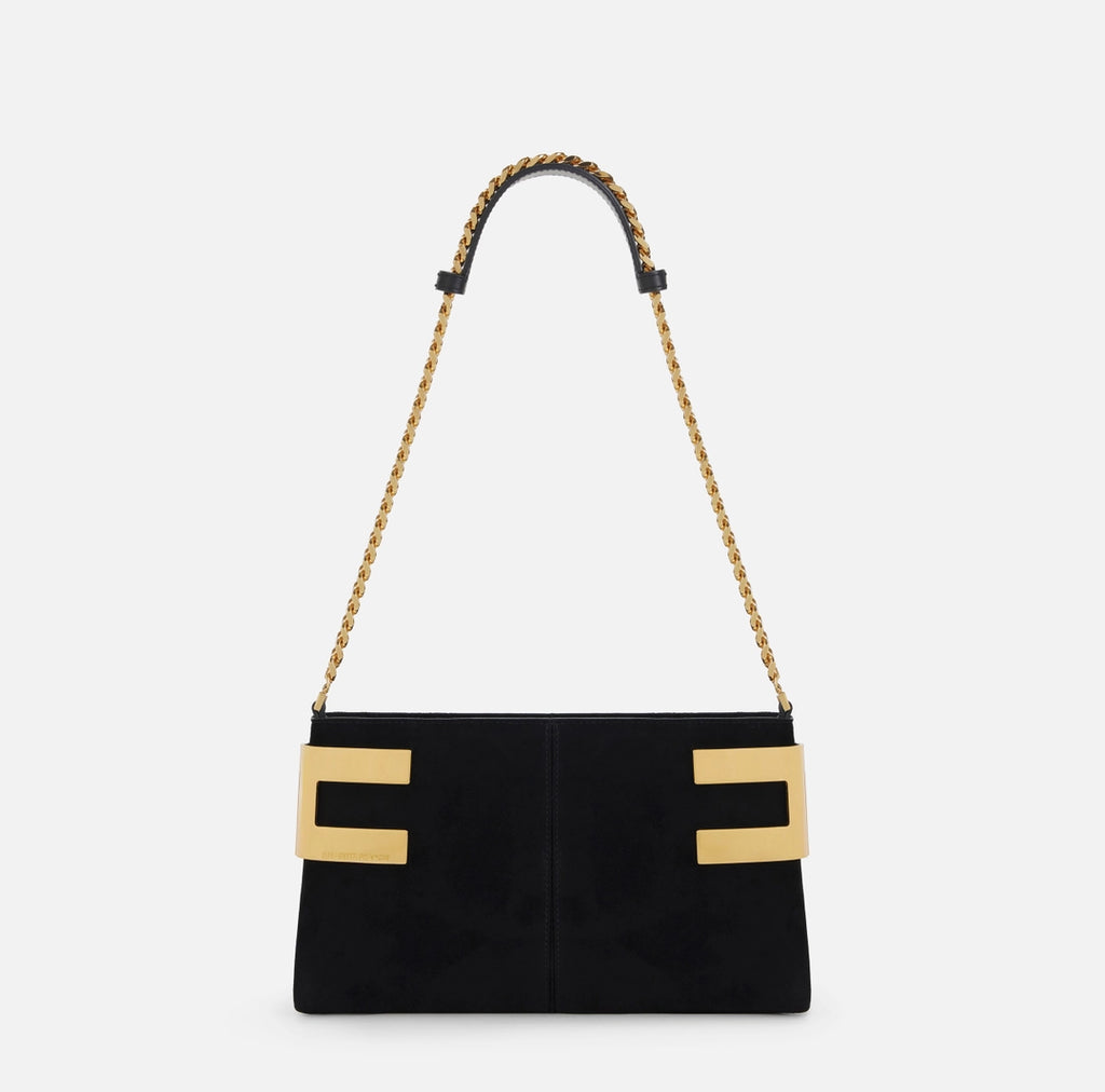Reve Noir suede shoulder bag with metallic logo