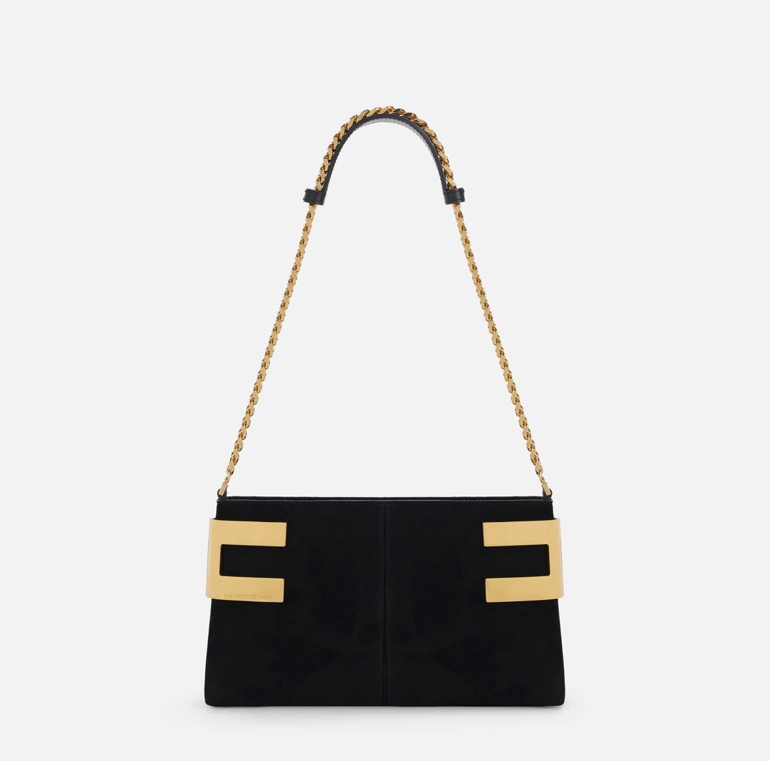 Reve Noir suede shoulder bag with metallic logo