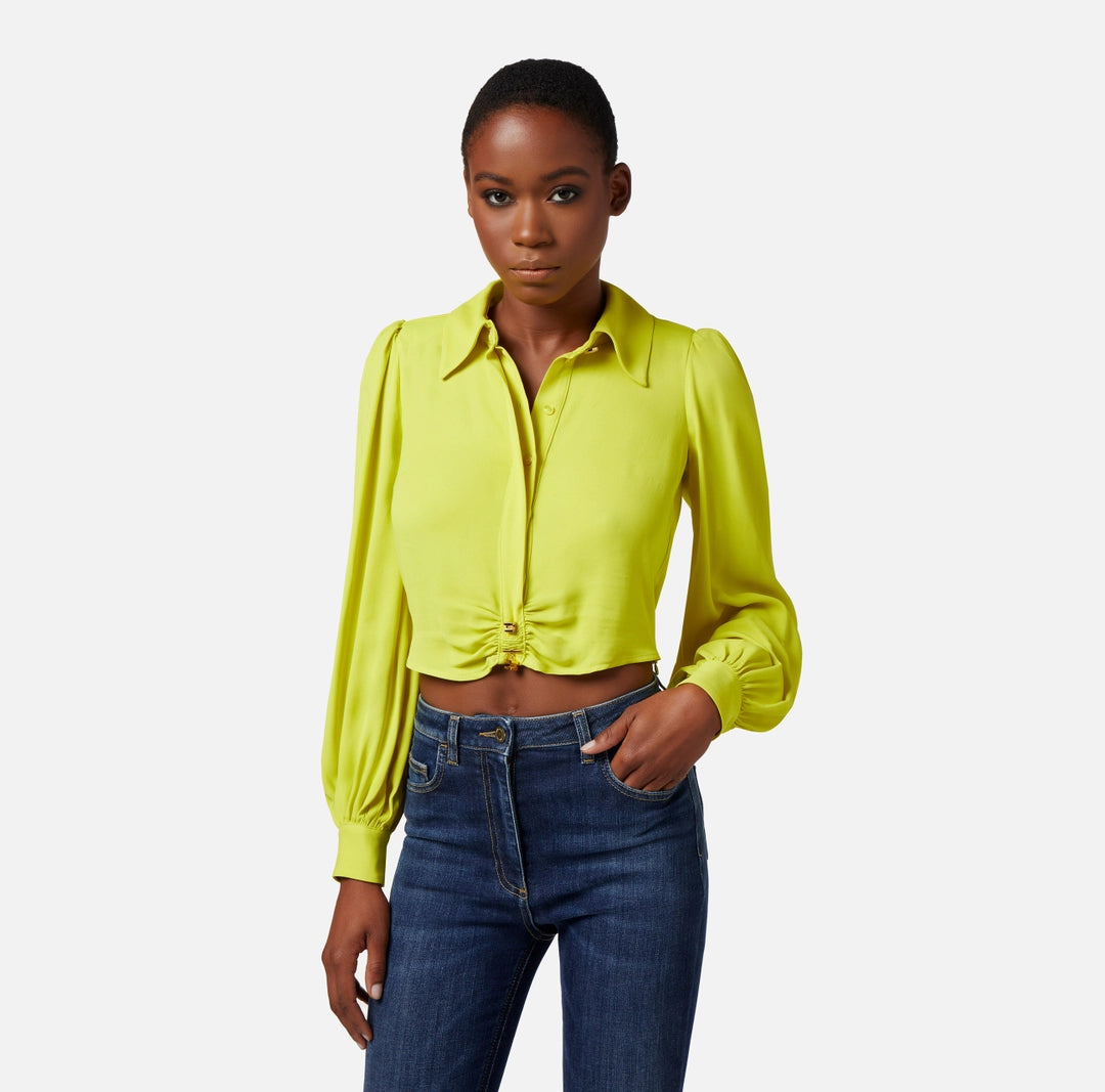 Cropped blouse in viscose georgette fabric with gathering