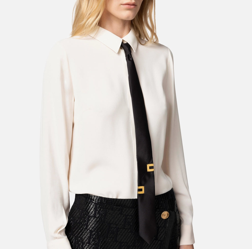 Straight blouse in viscose georgette fabric with lettering tie | LAST PIECE: 40
