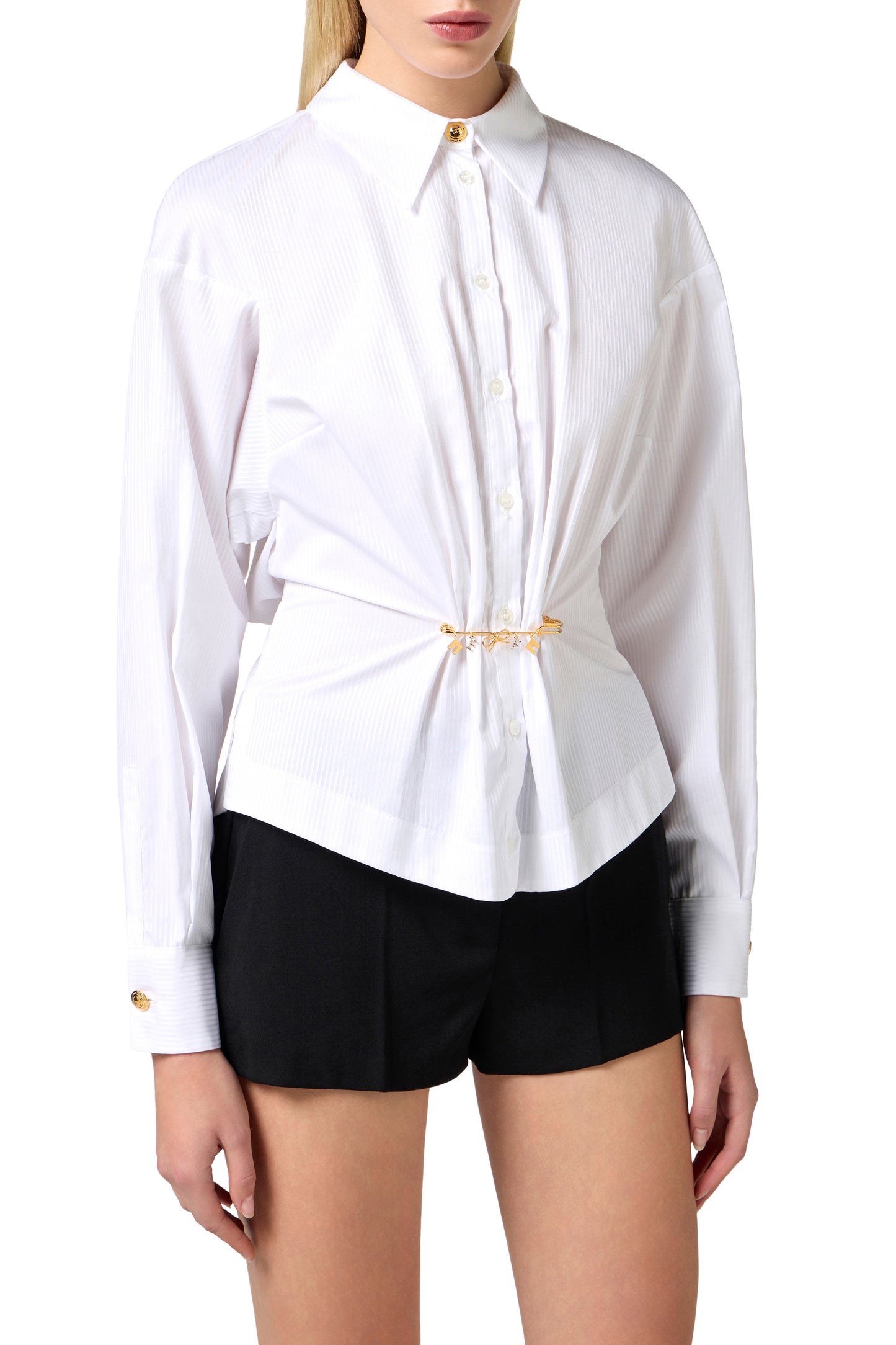 Striped poplin shirt with brooch