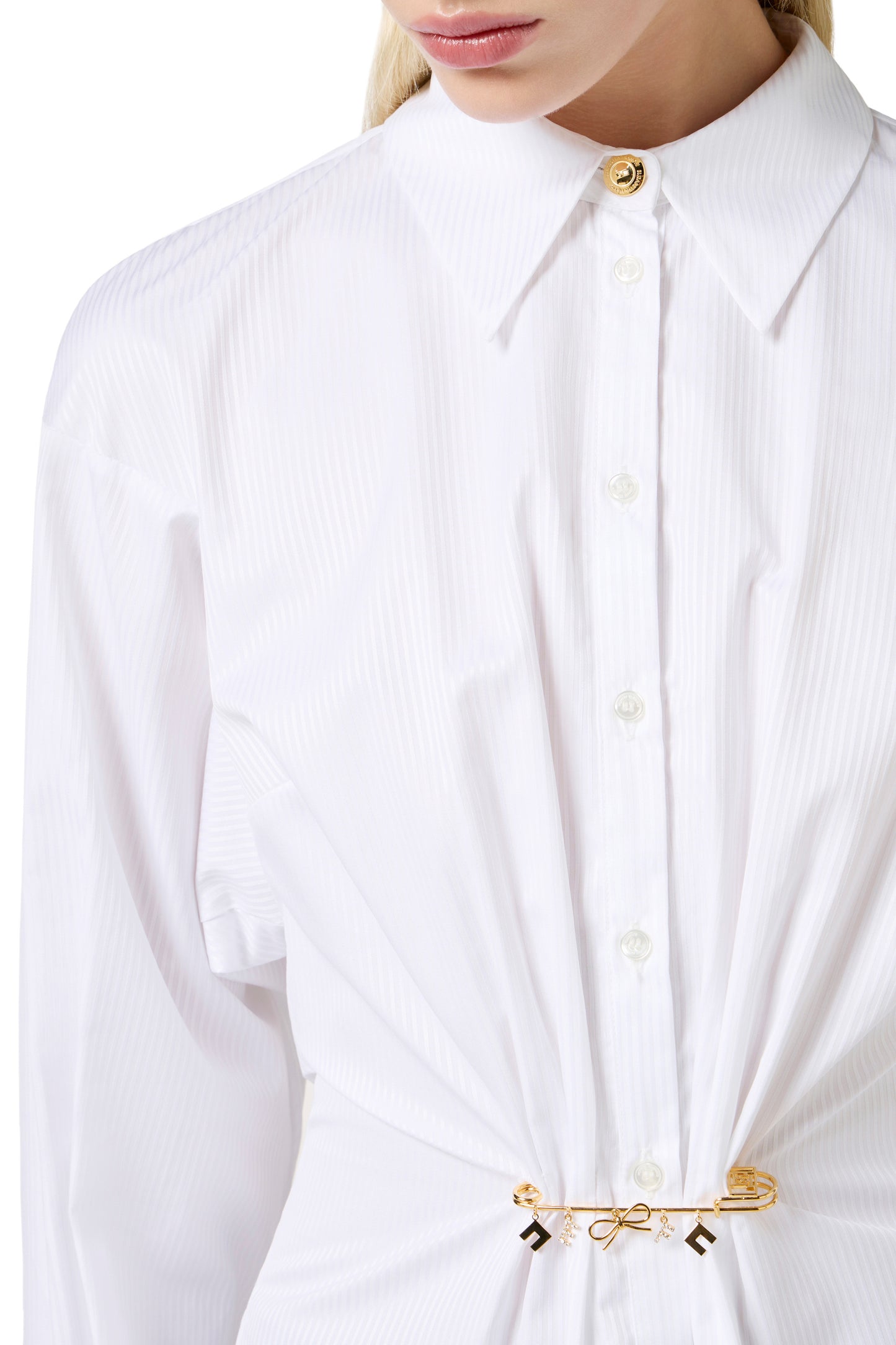 Striped poplin shirt with brooch