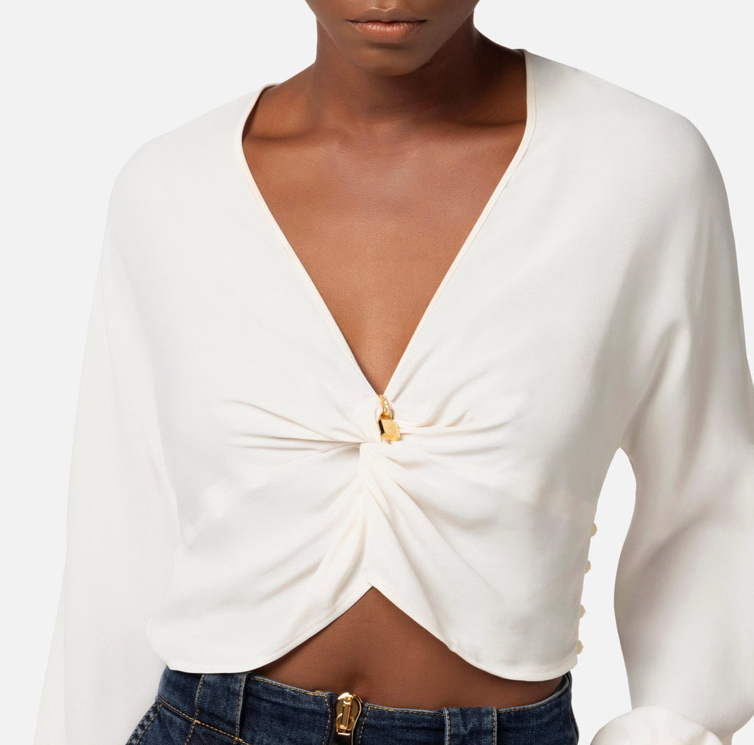 Cropped blouse in viscose georgette fabric with knot