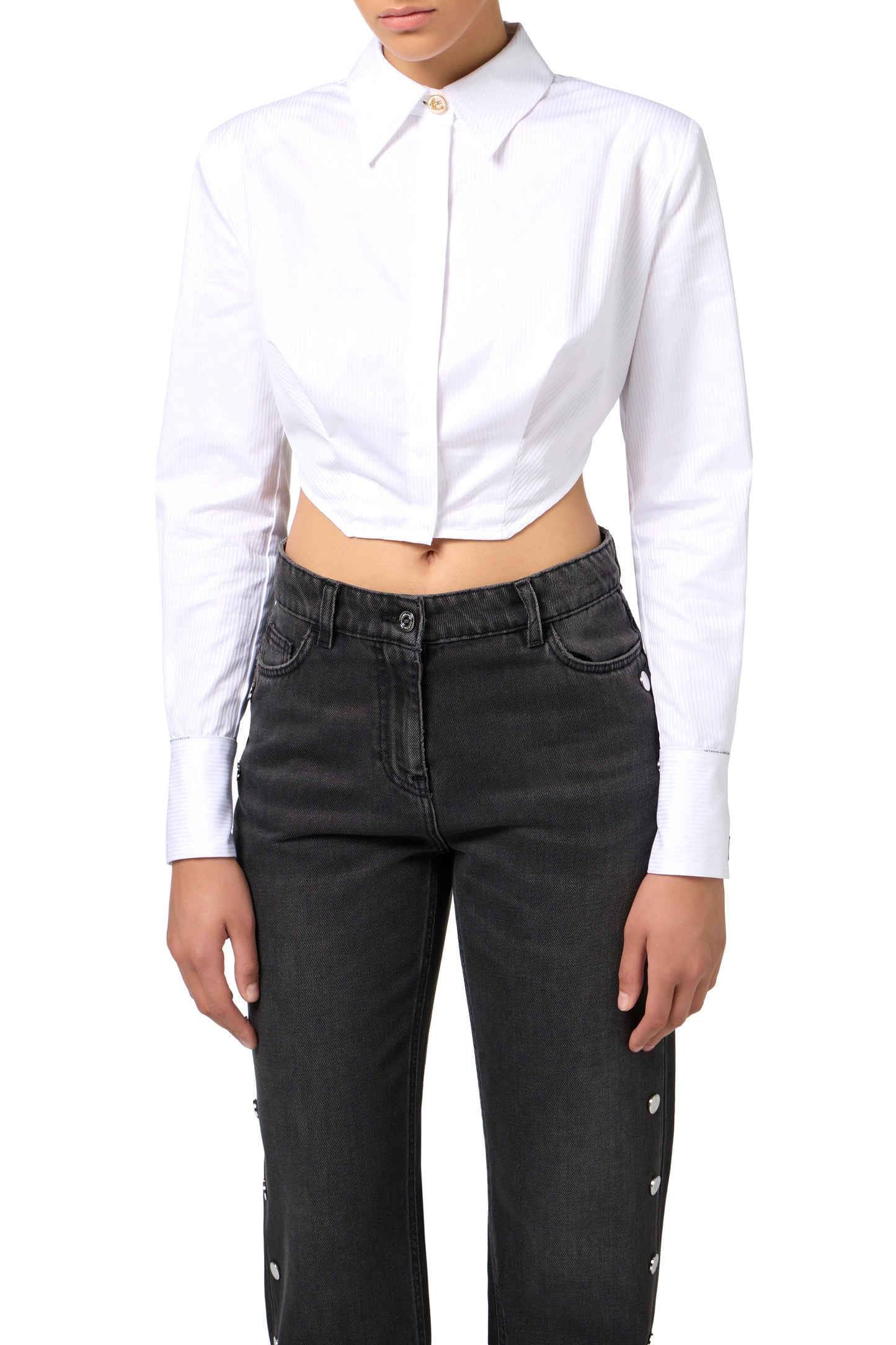 Striped cropped poplin shirt with asymmetric bottom