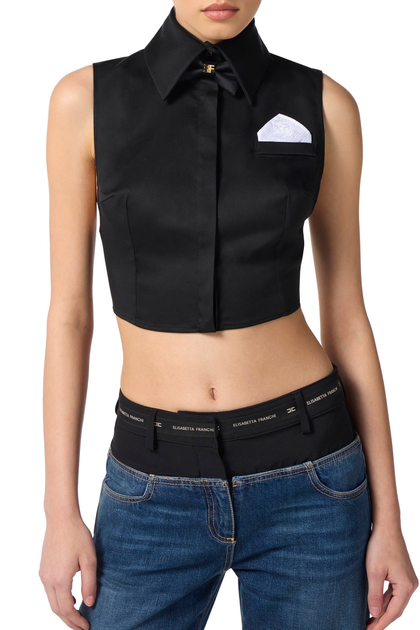 Cotton satin cropped shirt with bow tie