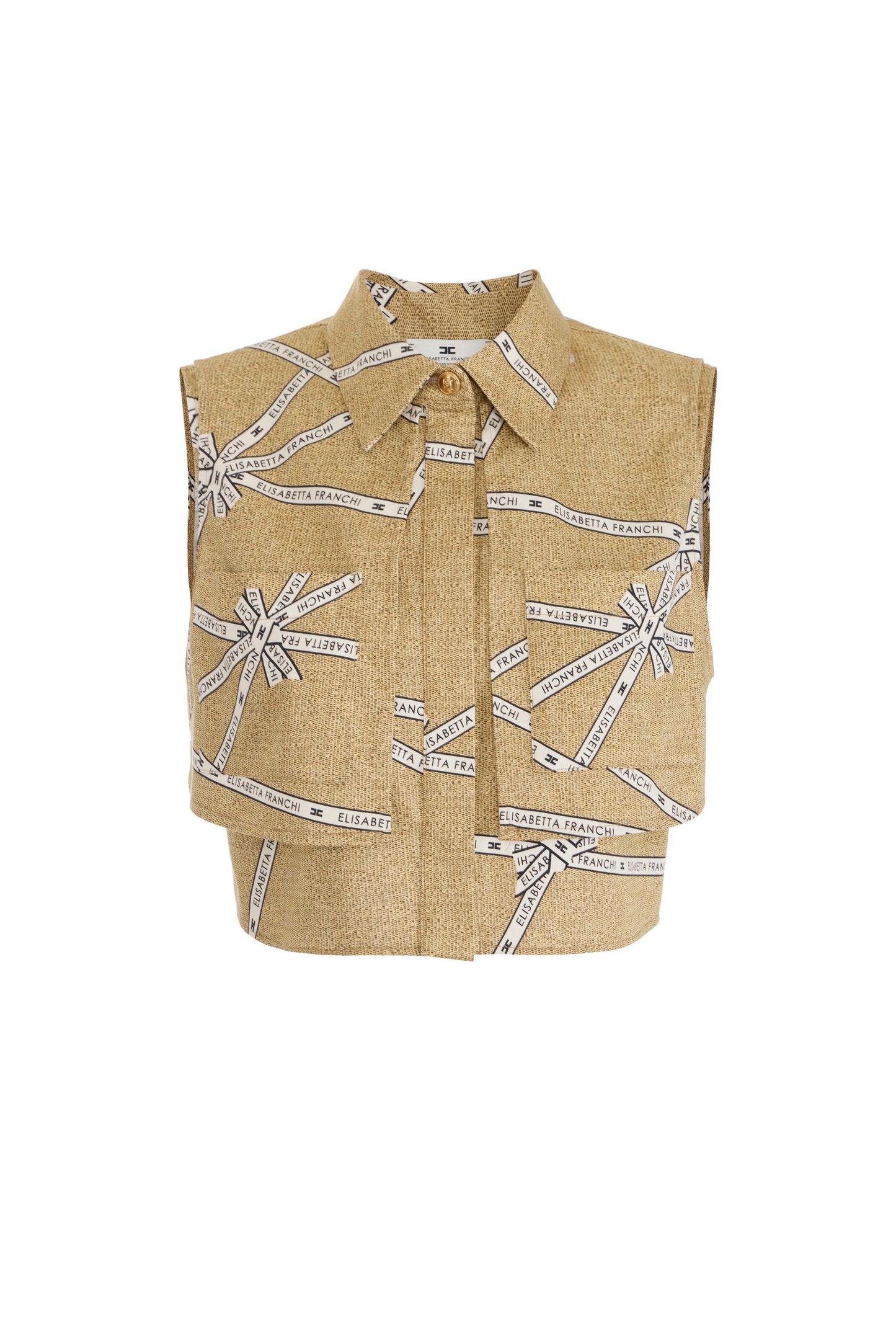 Cotton shirt with raffia print and ribbon