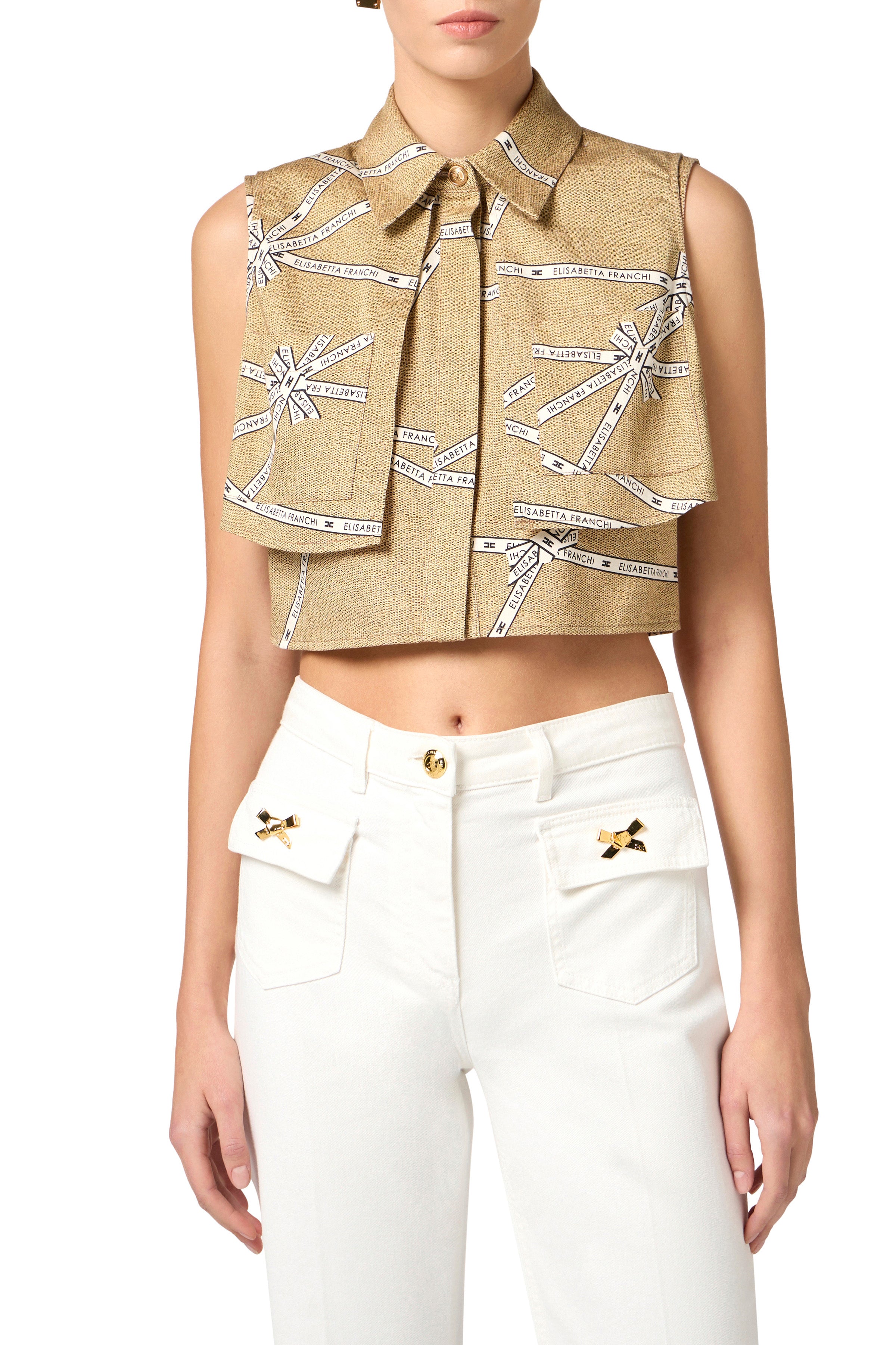 Cotton shirt with raffia print and ribbon |LAST PIECE: 40