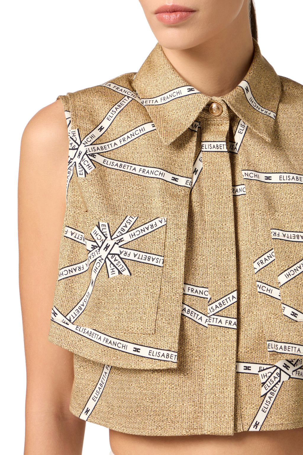 Cotton shirt with raffia print and ribbon |LAST PIECE: 40