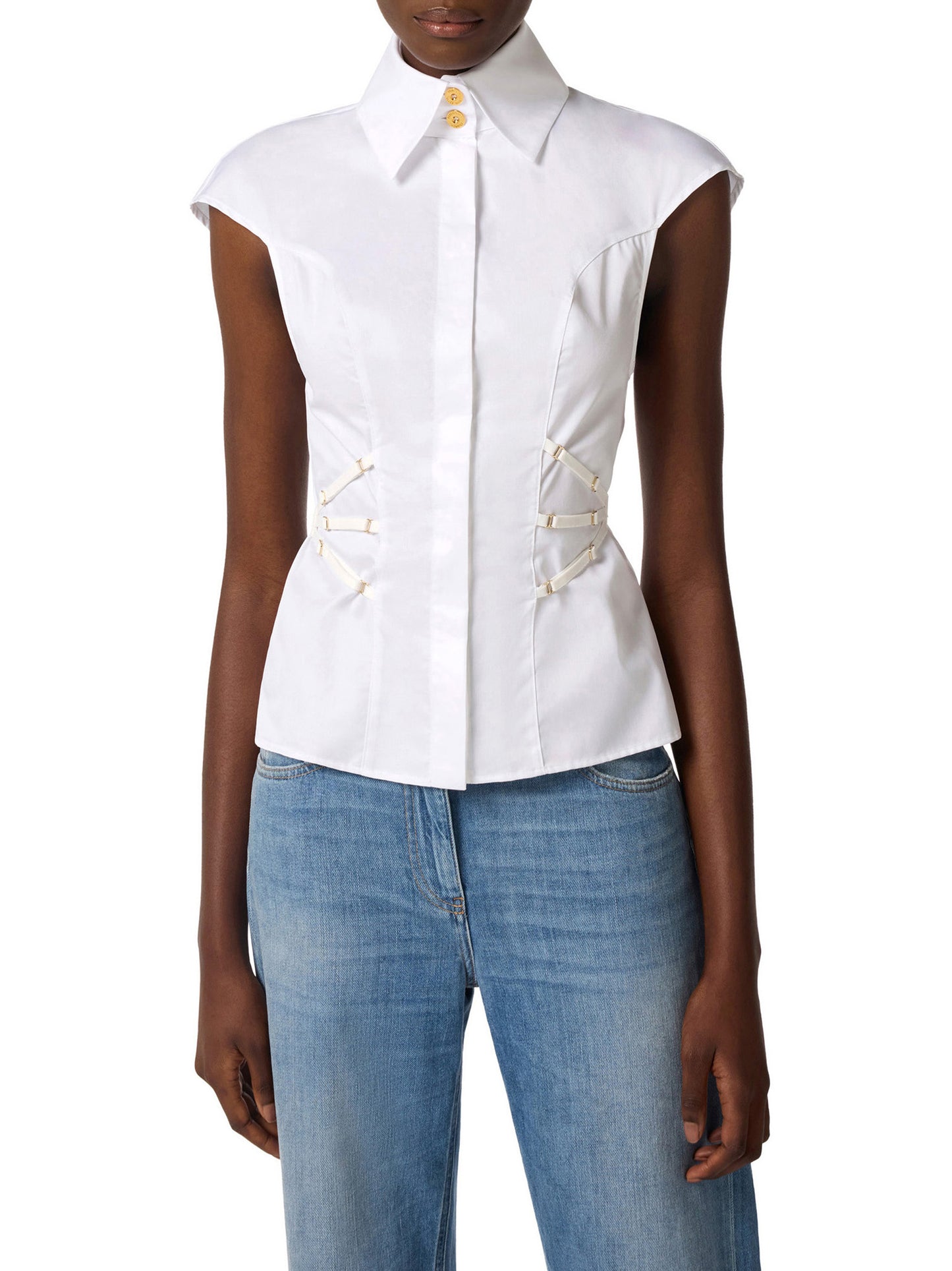 Cotton poplin shirt with elastic straps