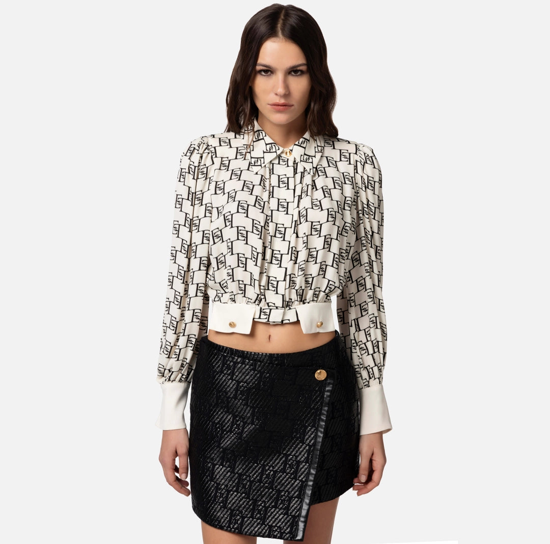 Cropped blouse in viscose georgette fabric with logo print