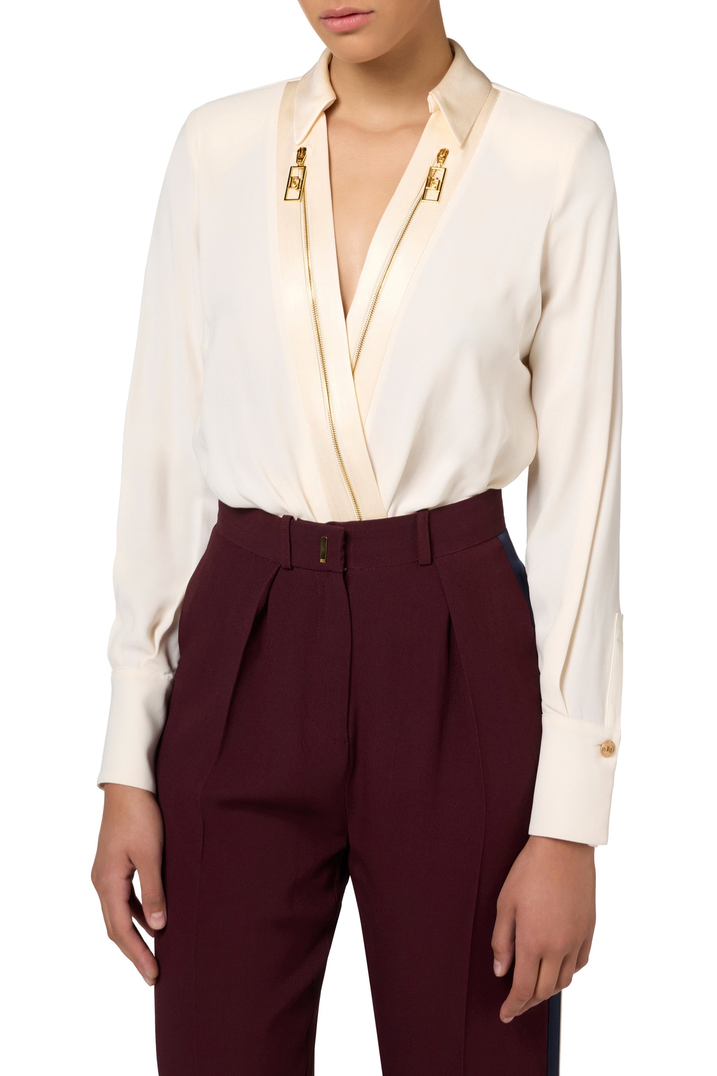 Bodysuit-style blouse in georgette and satin fabrics with zip