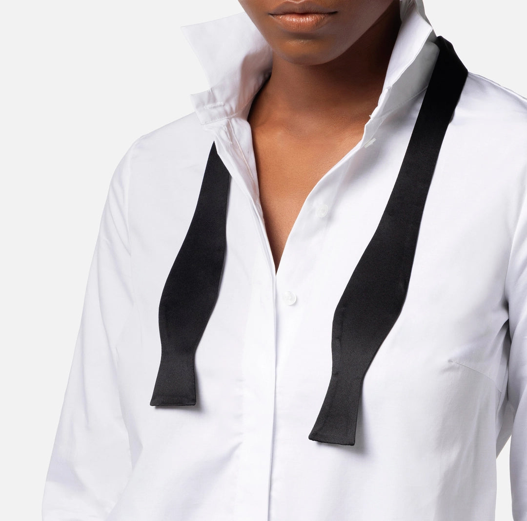 Cotton poplin bodysuit-style shirt with bow tie