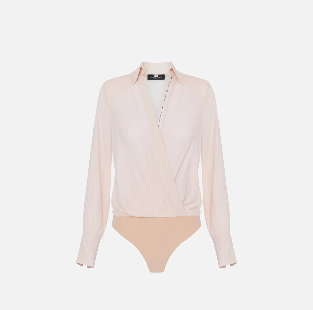 Crossed bodysuit-style shirt in georgette fabric with logoed ribbon