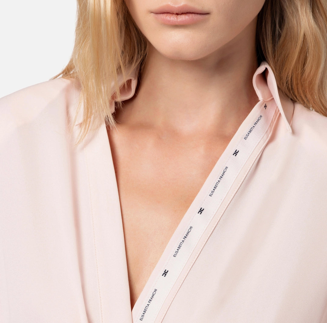 Crossed bodysuit-style shirt in georgette fabric with logoed ribbon