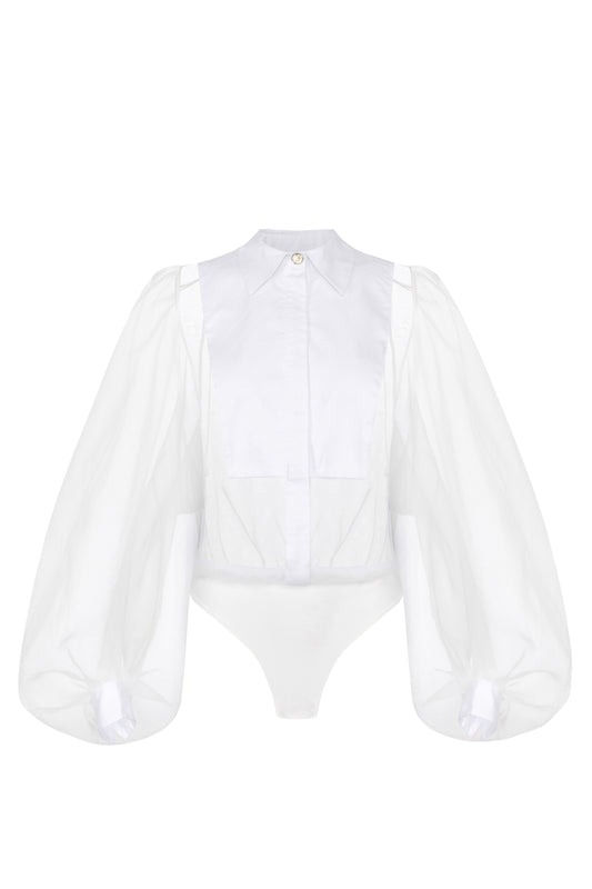 Bodysuit-style blouse in organza fabric with bib