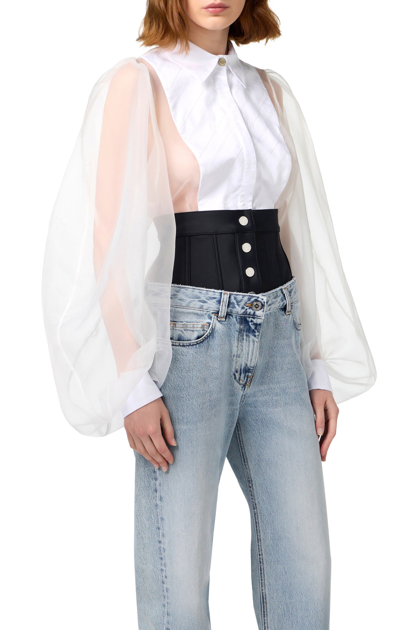 Bodysuit-style blouse in organza fabric with bib